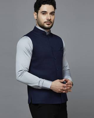 purplish blue nehru jacket with self design 2