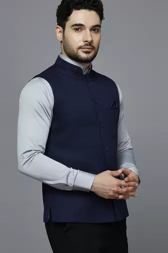 purplish blue nehru jacket with self design