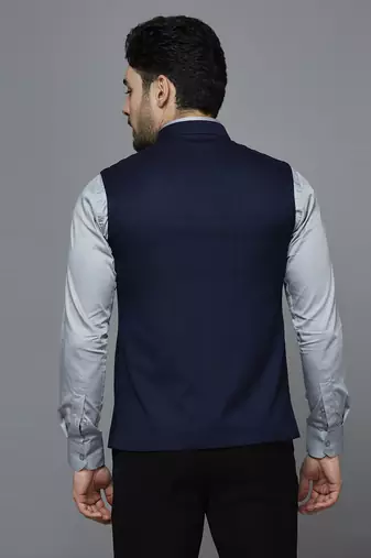 purplish blue nehru jacket with self design