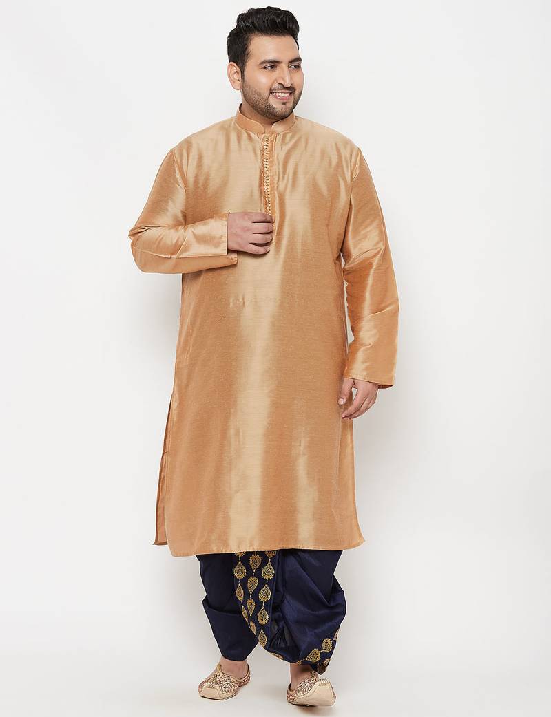 Men's rose gold and navy blue viscose blend kurta and dhoti set