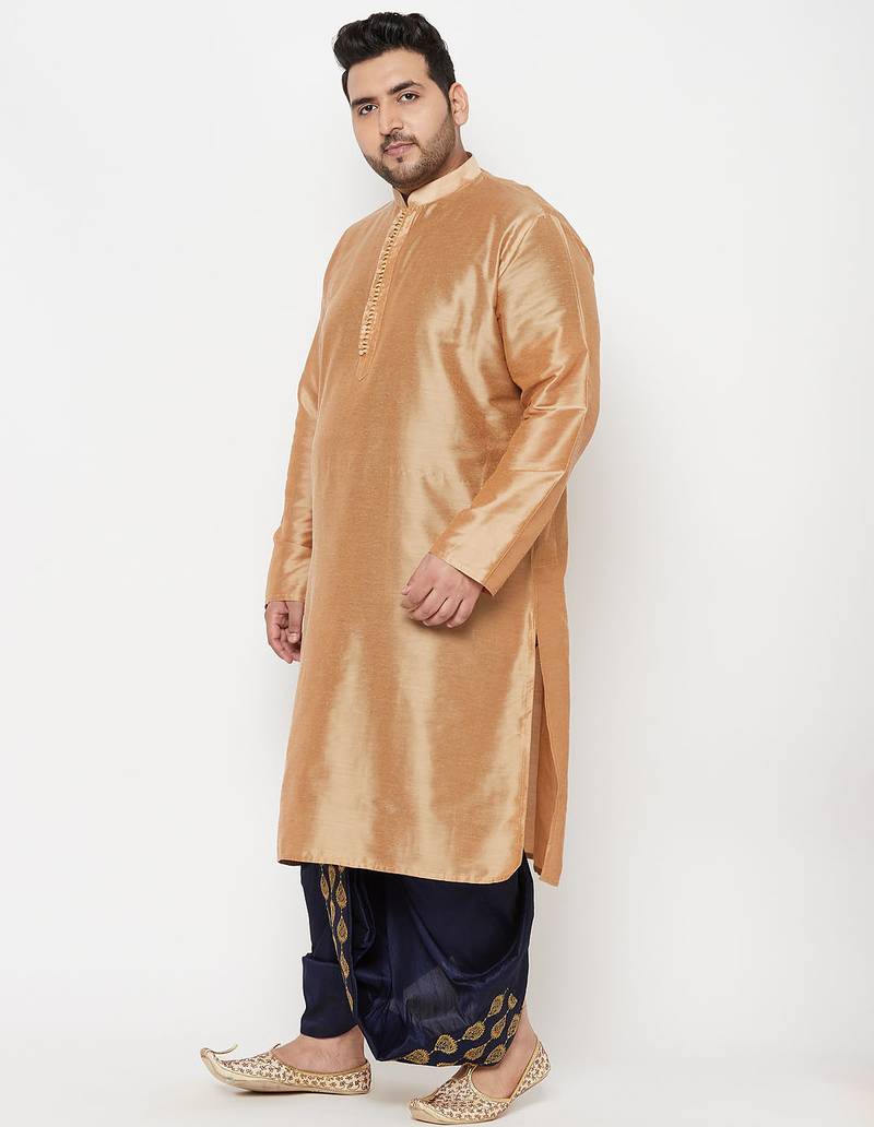 Men's rose gold and navy blue viscose blend kurta and dhoti set