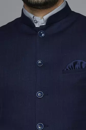 purplish blue nehru jacket with self design