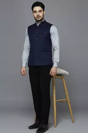 purplish blue nehru jacket with self design