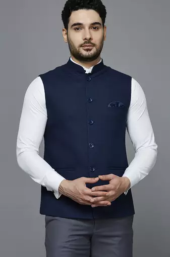 Men blue nehru jacket with self shine