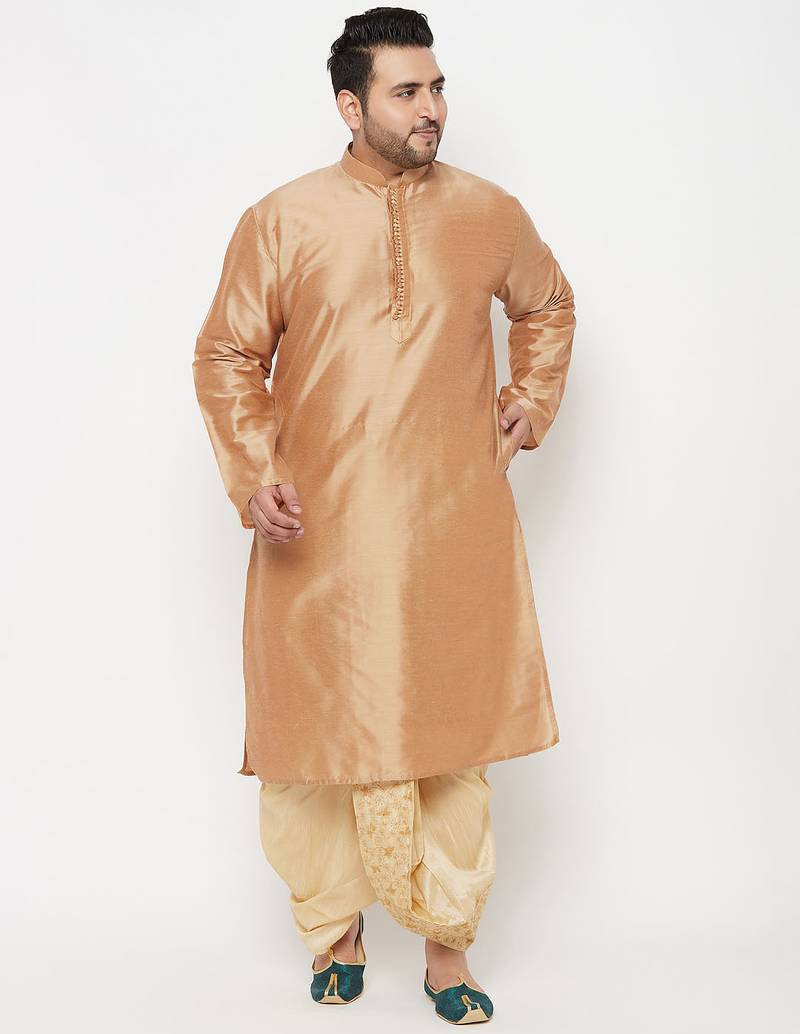 Men's rose gold and gold viscose blend kurta and dhoti set