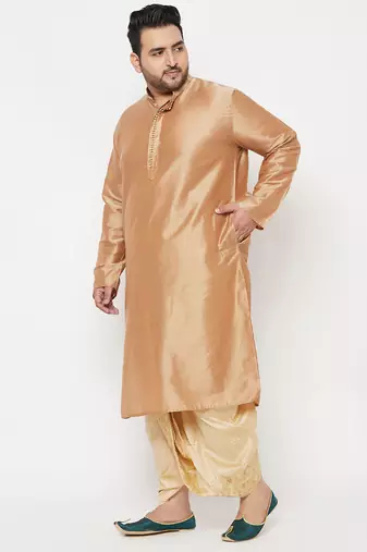 Men's rose gold and gold viscose blend kurta and dhoti set