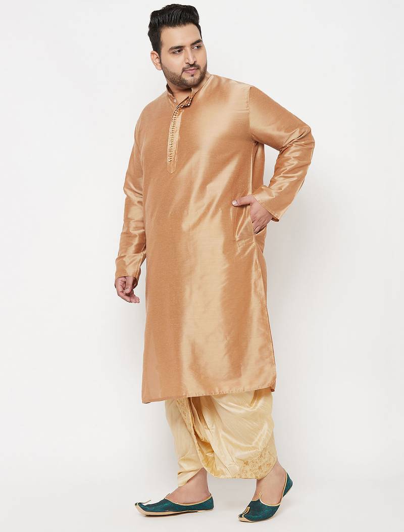 Men's rose gold and gold viscose blend kurta and dhoti set