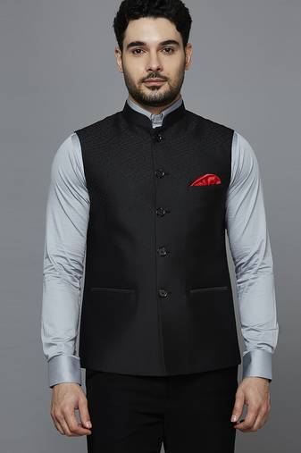 black dual panel jacquard nehru jacket