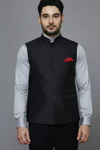 Men black dual panel jacquard nehru jacket