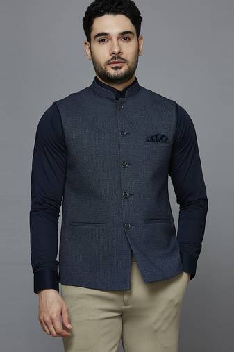 bluish grey nehru jacket with self design