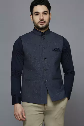 Men bluish grey nehru jacket with self design