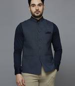 bluish grey nehru jacket with self design