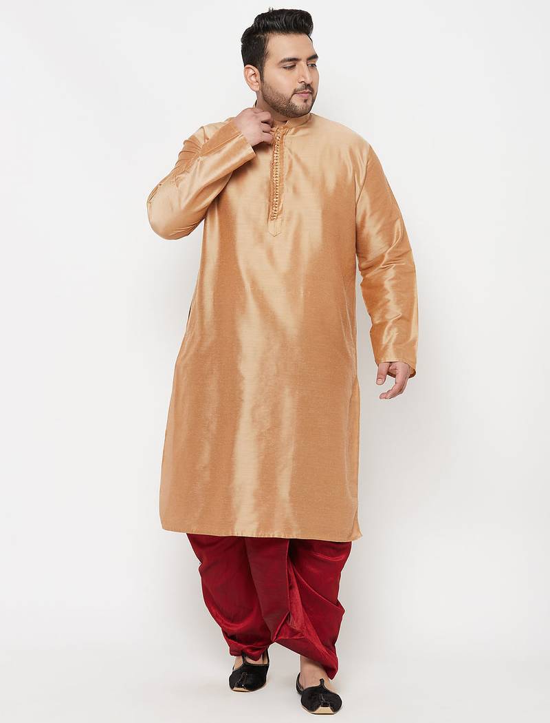 Men's rose gold and maroon viscose blend kurta and dhoti set