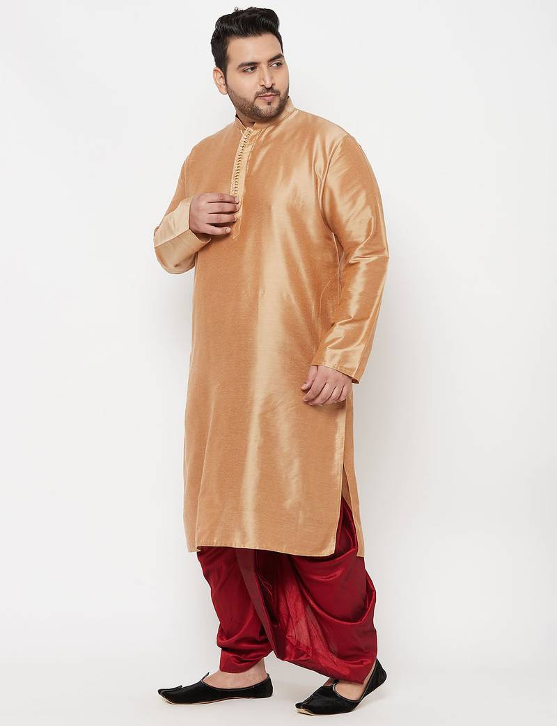 Men's rose gold and maroon viscose blend kurta and dhoti set