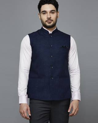 navy blue nehru jacket with multi-tone self design 1
