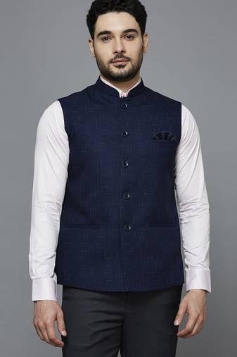 navy blue nehru jacket with multi-tone self design