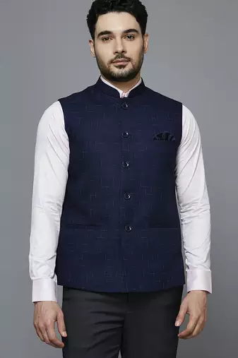 Men navy blue nehru jacket with multi-tone self design