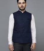navy blue nehru jacket with multi-tone self design