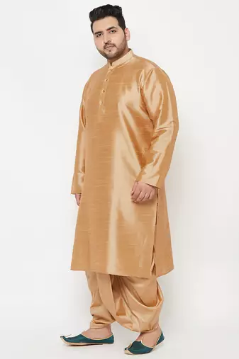 Men's rose gold silk blend kurta and dhoti set