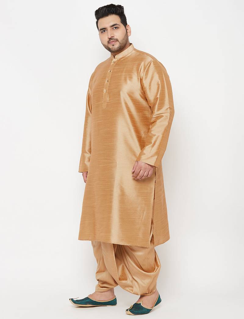 Men's rose gold silk blend kurta and dhoti set