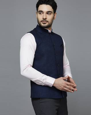 navy blue nehru jacket with multi-tone self design 2