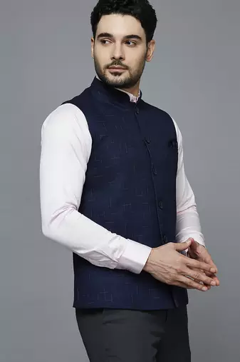 navy blue nehru jacket with multi-tone self design