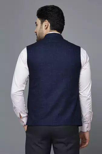 navy blue nehru jacket with multi-tone self design
