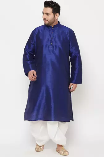 Men's blue and white silk blend kurta and dhoti set