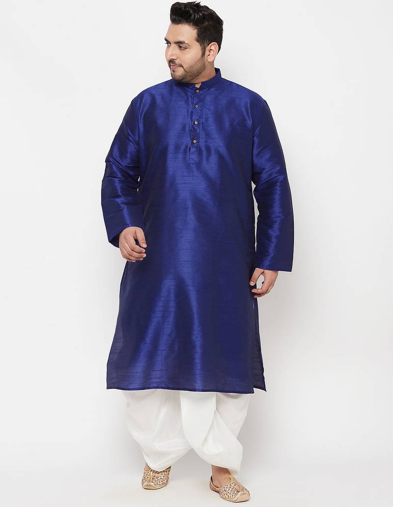 Men's blue and white silk blend kurta and dhoti set