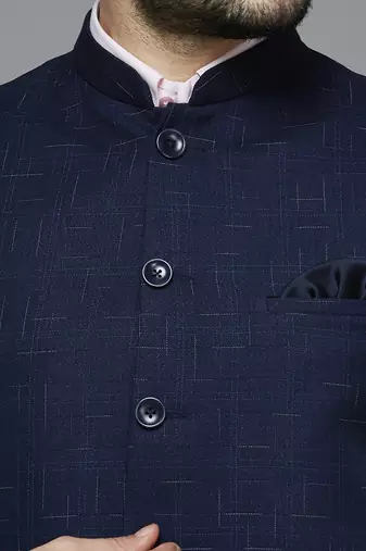 navy blue nehru jacket with multi-tone self design