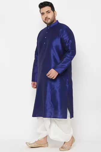 Men's blue and white silk blend kurta and dhoti set
