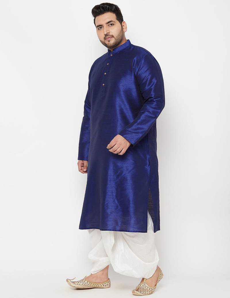 Men's blue and white silk blend kurta and dhoti set