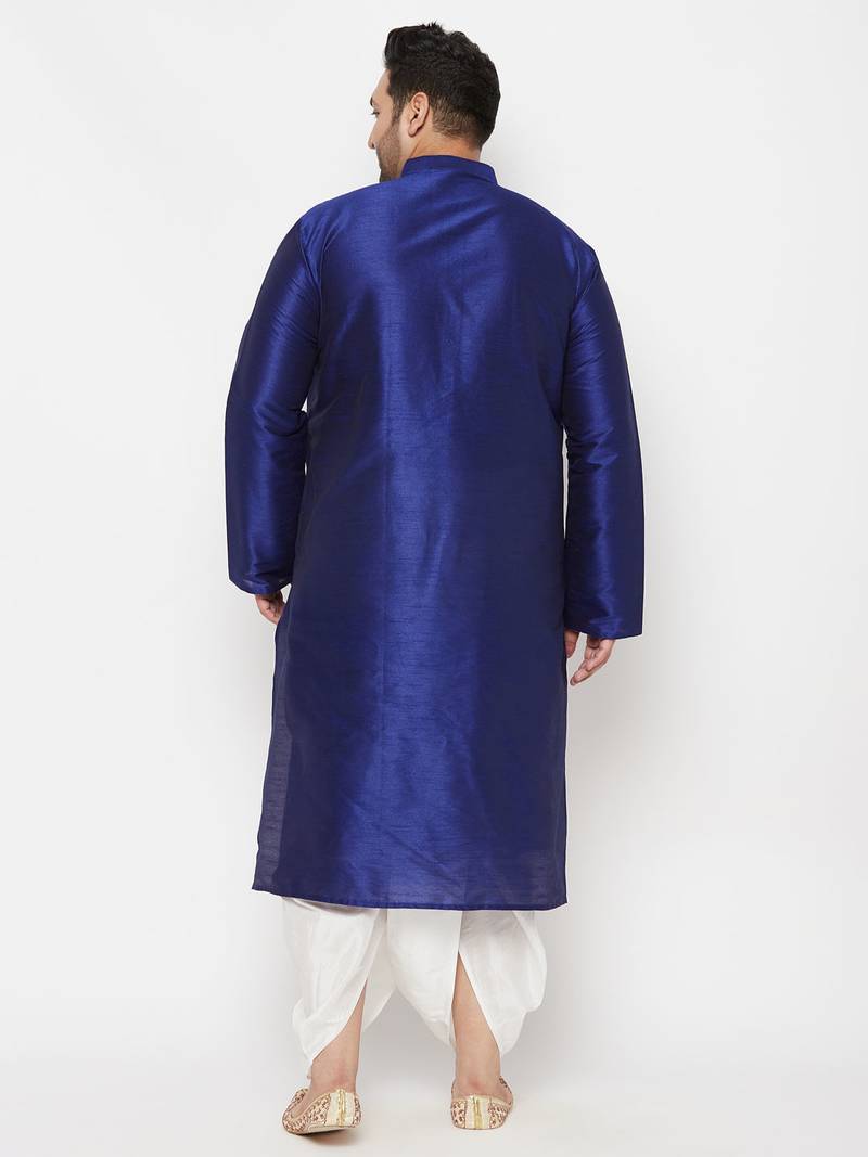 Men's blue and white silk blend kurta and dhoti set