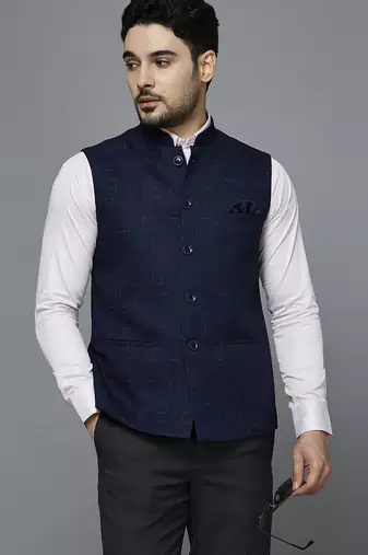 navy blue nehru jacket with multi-tone self design