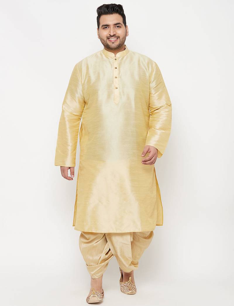 Men's gold silk blend kurta and dhoti set