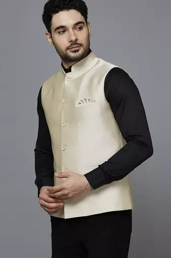 cream solid nehru jacket with self shine