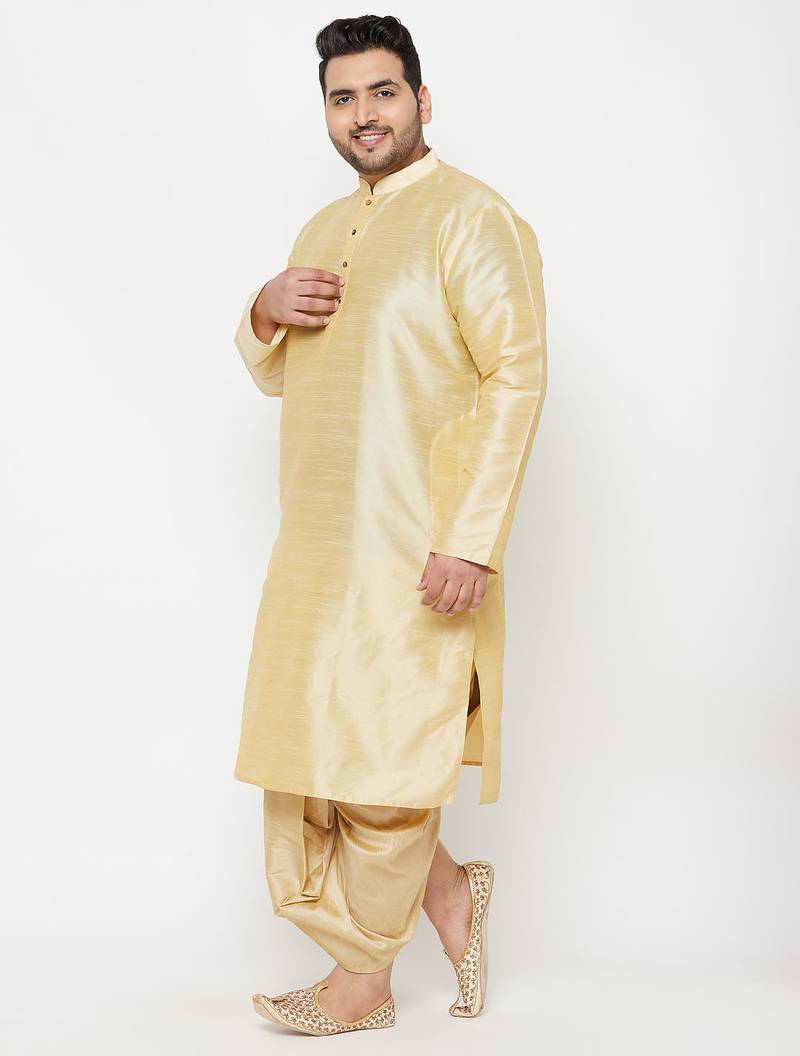 Men's gold silk blend kurta and dhoti set