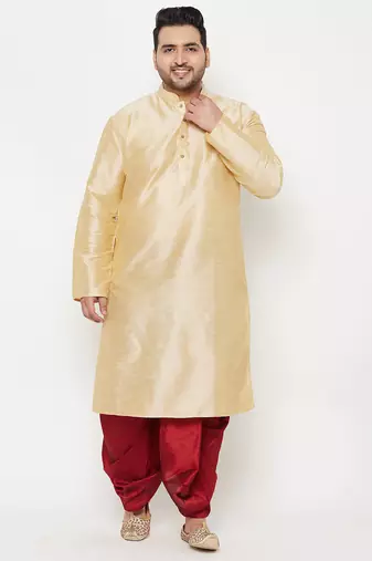 Men's gold and maroon silk blend kurta and dhoti set