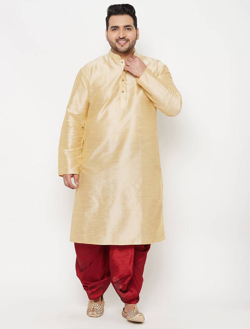 Men's gold and maroon silk blend kurta and dhoti set