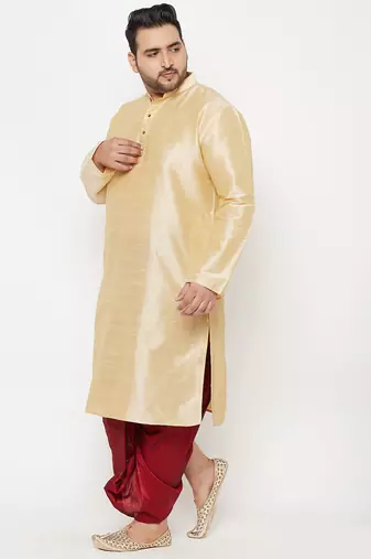 Men's gold and maroon silk blend kurta and dhoti set