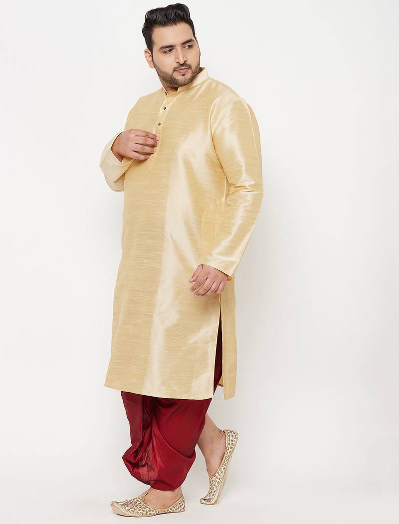 Men's gold and maroon silk blend kurta and dhoti set