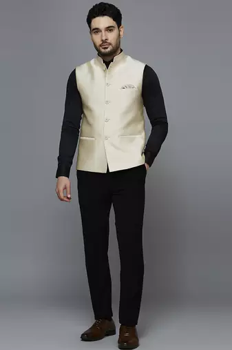 cream solid nehru jacket with self shine
