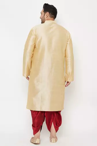 Men's gold and maroon silk blend kurta and dhoti set