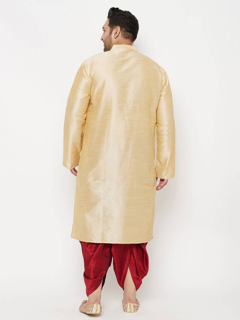 Men's gold and maroon silk blend kurta and dhoti set