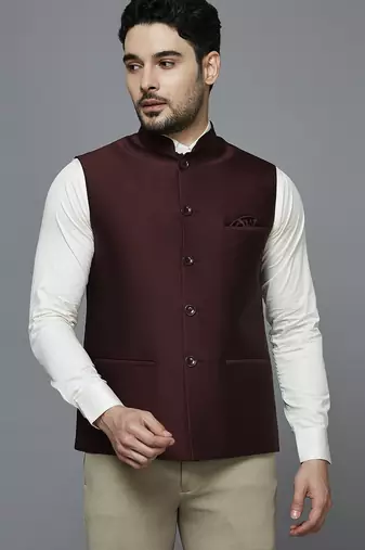 Men maroon solid nehru jacket with self shine