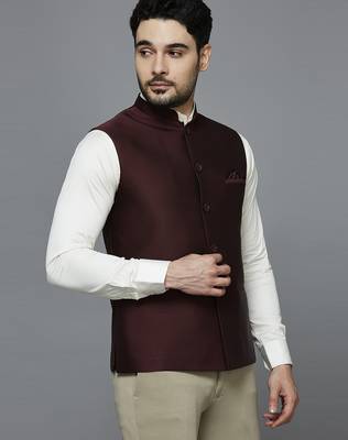 maroon solid nehru jacket with self shine 2