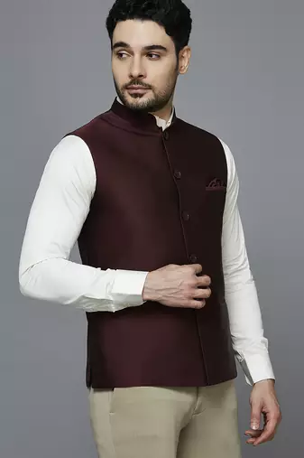 maroon solid nehru jacket with self shine