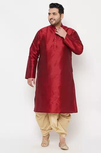 Men's maroon and gold silk blend kurta and dhoti set