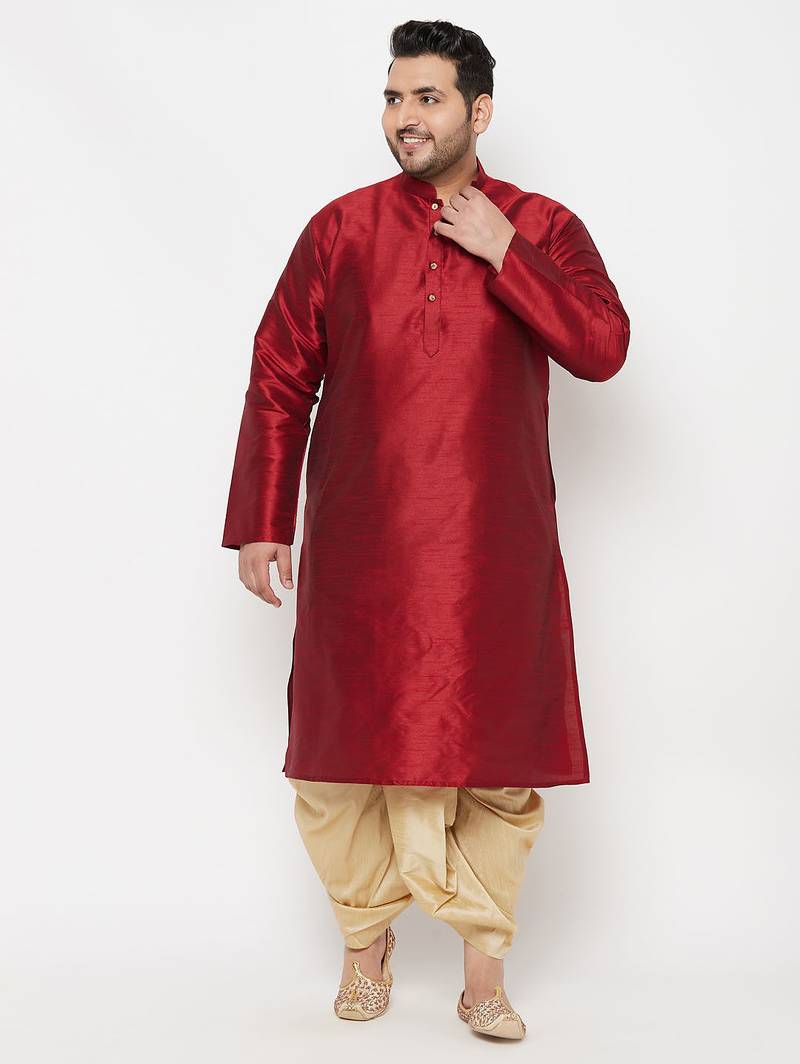 Men's maroon and gold silk blend kurta and dhoti set