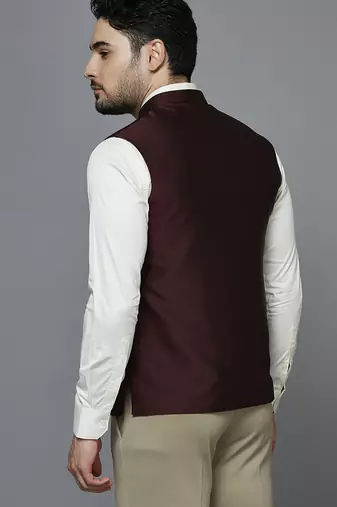 maroon solid nehru jacket with self shine